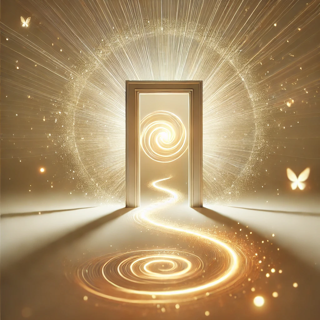 Glowing doorway with a Fibonacci-like spiral, halo and butterflies